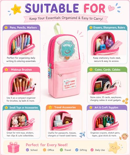 Image of Kawaii Cute Aesthetic Pencil Case for Students | Large Capacity Multi-Pocket Pencil Pouch with Zipper | Cartoon Stationery Organizer Bag for School, College & Office Supplies (Good Time - Pink)
