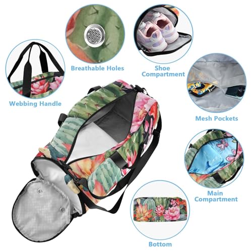 Watercolor Cactus Duffle Bag for Girl, Sports Duffle Gym Bags with Shoe Compartment, Personalized Overnight Bag Travel Weekender for Kids3
