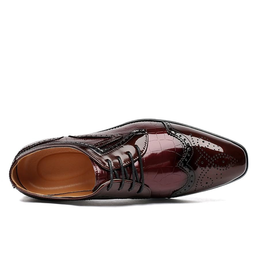 Formal Shoes Dress Oxford for Men Lace Up Square Toe PU Leather Brogue Embossed Wingtips Derby Shoes Non Slip Rubber Sole Slip Resistant Block Heel(Red,9)3