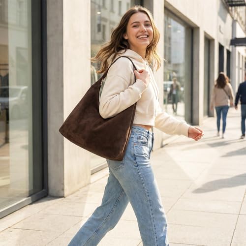 Bolso Hobo de ante para mujer casual color café oscuro miniatura 2