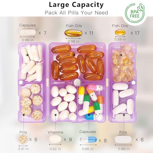 Image of FYY Travel Pill Organizer,7 Compartments Pill Box Medicine Case-ClearPurple