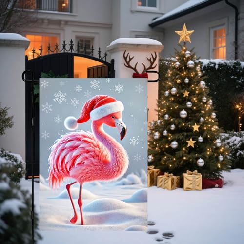 Image of BlissYard Winter Yard Flag Flamingo Red Hat 12x18 Inch Polyester