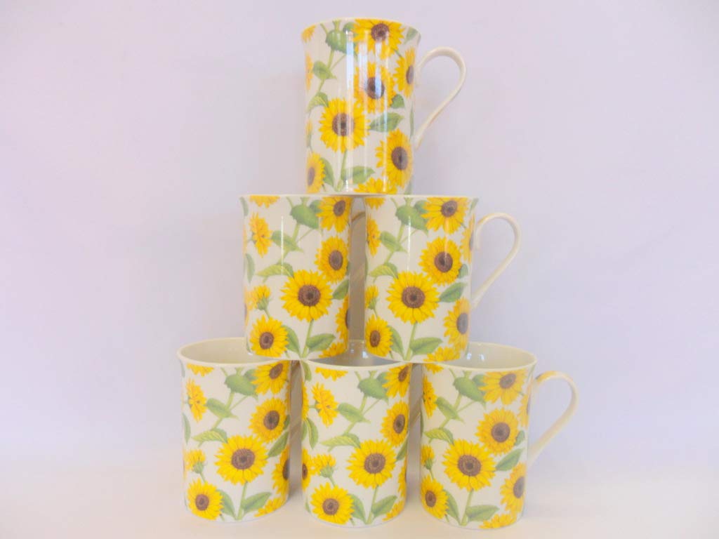 Heron Cross Pottery "Abbeydale Collection" Sunflower Design Set Of 6 China 10Oz Mugs In