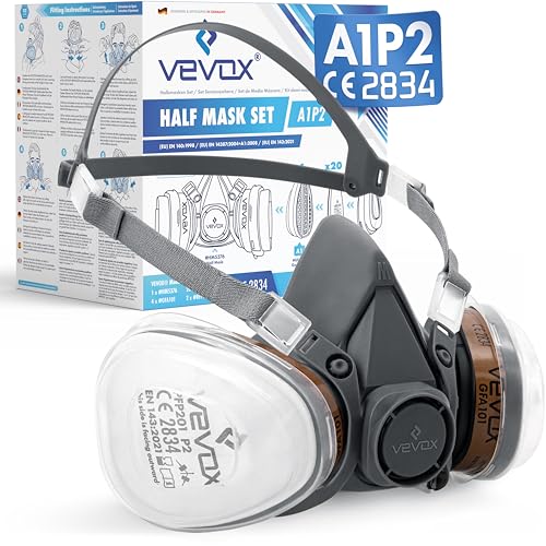 VEVOX® Máscara respiratoria con filtro A1P2 – Protección contra gases, vapores y partículas finas de polvo – Ideale para pintura, lijado y obra – Con 6 filtros P2 antipartículas y 2 A1 antigás