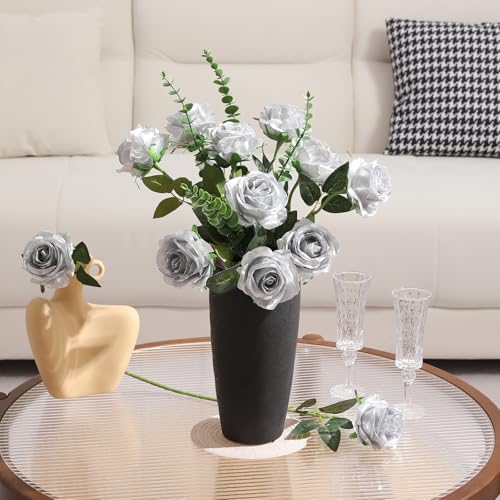 Image of Tifuly 12Pcs Roses Long Stem Fake Silk Artificial Flowers Silver