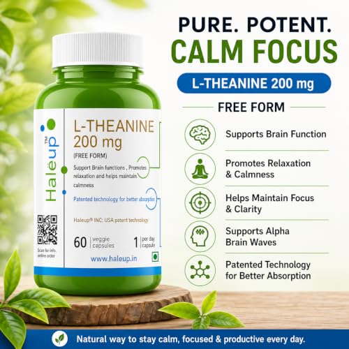 Image of L-Theanine 200 mg | High Bioavailability Formula | Promotes Calm, Focus & Relaxation | Haleup USA, 240 capsules (60 count X 4)