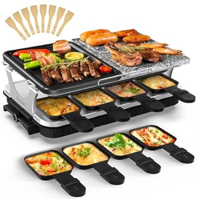 Voohek Korean BBQ Grill Raclette Table Grill Hibachi Electric Indoor Grill 2 in 1 Non-stick Grilling Plate and Natural Cooking Stone Adjustable Temperature 8 Raclette Pans 8 Wooden Spatulas 1300W