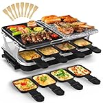Voohek Korean BBQ Grill Raclette Grill Indoor Grills Electric Smokeless Electric Grill 2 in 1 Nonstick Grilling Plate & Cooking Stone Adjustable Temperature 8 Raclette Pans 8 Wooden Spatulas 1300W