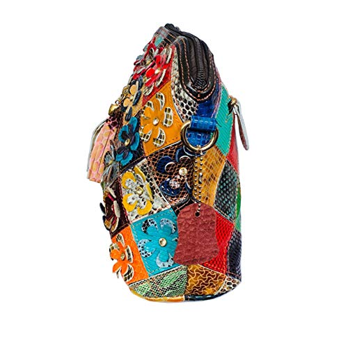 Image of Women 3D Floral Multicolor Small Crossbody Bag Genuine Leather Handbag Snake Pattern Colorful Spliced Shoulder Purse