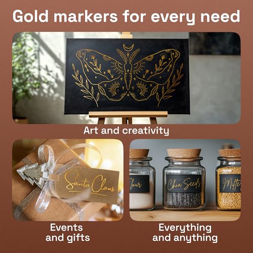 Image of ARTISTRO 5 Gold Paint Pen for Rock, Glass, Ceramic, Wood, Tire, Fabric, Metal, Canvas, Marking, Painting - Set of 5 Acrylic Paint Markers Water-based