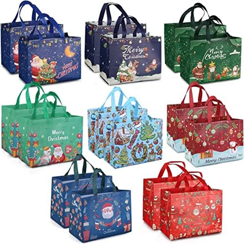 16PCS Christmas Gift Bags,Christmas Tote Bags with Handles, Christmas Treat Bags, Multifunctional Non-Woven Christmas Bags for Gifts Wrapping Shopping, Xmas Party Supplies, 32.5×25×17cm