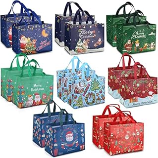 16PCS Christmas Gift Bags,Christmas Tote Bags with Handles, Christmas Treat Bags, Multifunctional Non-Woven Christmas Bags for Gifts Wrapping Shopping, Xmas Party Supplies, 32.5×25×17cm