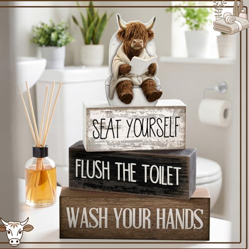Image of Moucuny 4 Pcs Highland Cow Bathroom Decor Set Funny Rustic Wooden Tiered Tray Signs with Highland Cow Toilet Figurine, Farmhouse Bathroom Shelf Decor, Etiquette Reminders for Restroom Toilet Vanity