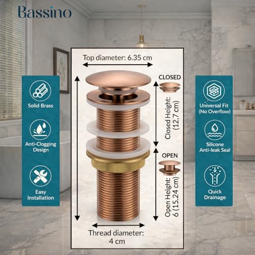 Image of BASSINO Premium 6 Inch Brass Waste Coupling /Washbasin Drainer /Rust-Proof Pop-Up for Basin /Drain Stopper for Tabletop, Wall-Mount & Pedestal Wash Basins(Brushed-Rose Gold)