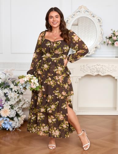 Image of EYWOL Plus Size Long Sleeve Floral Tiered Semi Formal Wedding Guest Dress