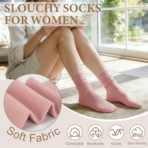 Image of Chalier 5 Pairs Slouchy Socks for Women, Soft Cotton Crew Socks | Breathable Blend, Elastic Cuff, Cute Roll Top, Calf Scrunch Tube, Easy Pull On, Flexible Stretch Motion, Casual Daily Wear