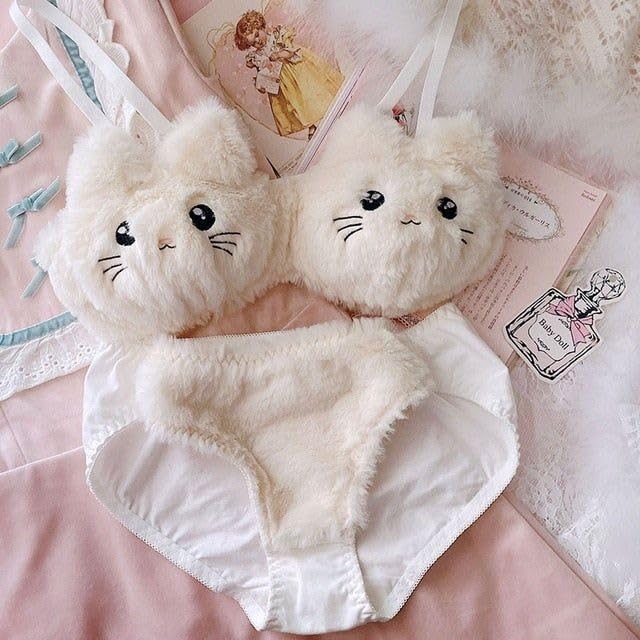 Image of Cute Kawaii Lingerie Set - Plush Kitty Design Adorable Bra and Panty Set in Soft Pink and Cream - Cosplay Lingerie Honeymoon Date Night Couple Gift Sexy Lingerie for Women