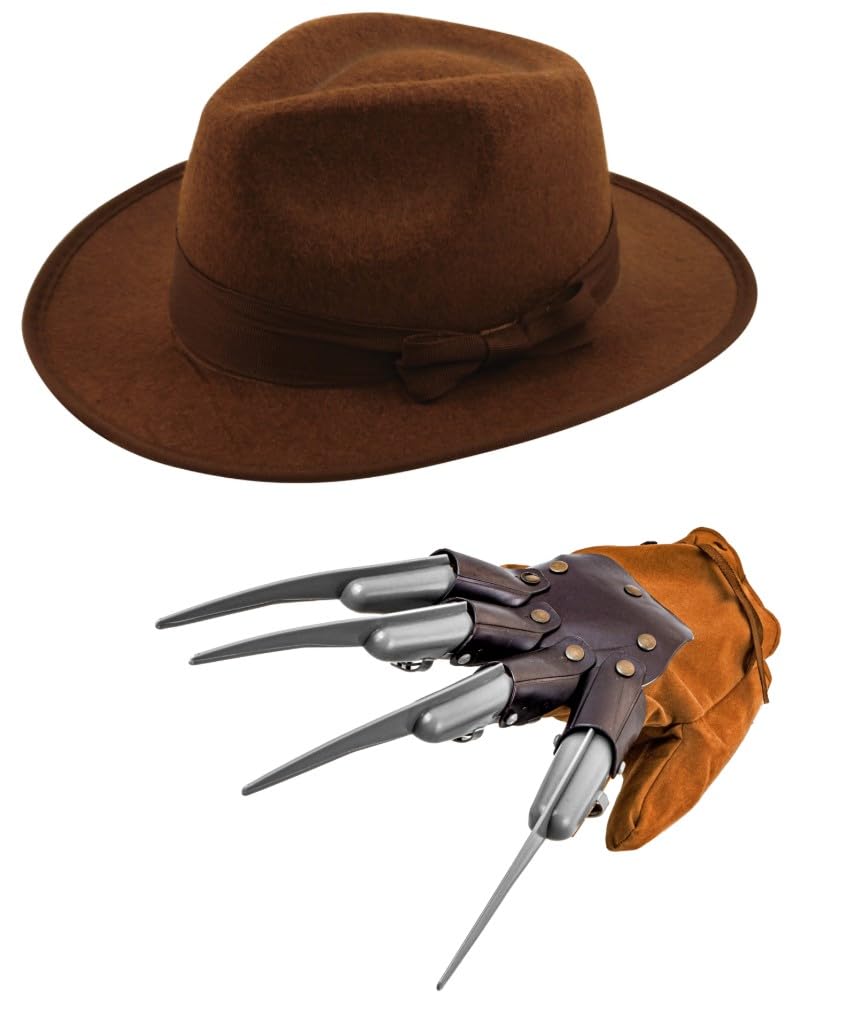 Mega_JumbleSale Halloween Nightmare On ELM Street Adult Freddy Krueger Claw Glove & Brown Hat Carnival Cosplay Horror Scary Fancy Dress Costume Set