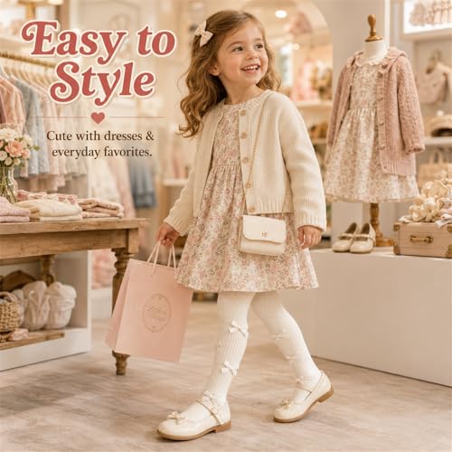 Image of VIKITA Girls Ribbed Tights with Bow - Soft Daily Knitted Leggings