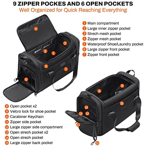 Tourenne 45L Travel Duffel Bag Foldable Weekender Sport Gym Duffle Carry On Luggage with shoe compartment wear/tear resistant water repellent 1680D Ballistic polyester - Black2