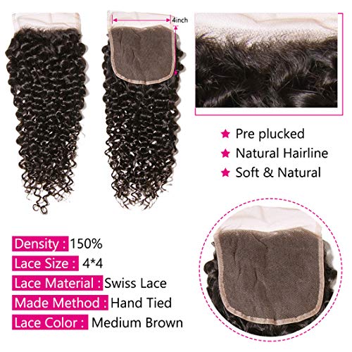 Ali Julia Hair Brazilian Virgin Curly Hair 3 Bundles with Lace Closure 4X4 Free Part 8A Grade 100% Unprocessed Human Hair Extensions Natural Color(14 16 18+12 inch)