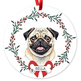 Personalized Pug Christmas Ornament, Custom Pet Name Ornament Gifts for Pug Dog Lovers Xmas Tree Decor, 3.50 inch Metal Ornament (Pug-P35)