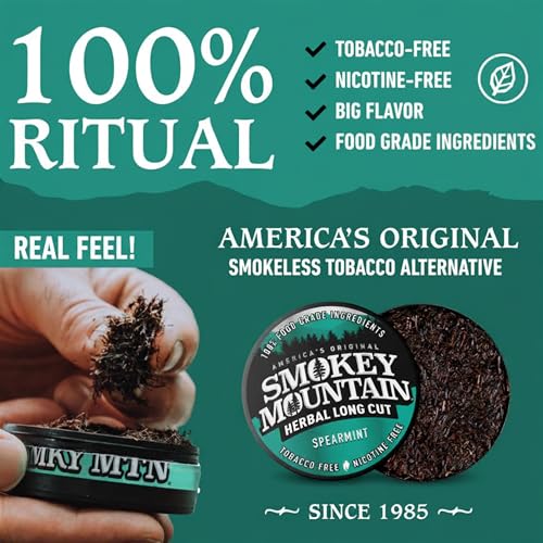 Image of Smokey Mountain Herbal Long Cut - Spearmint - 10 Can Box - Tobacco Free and Nicotine Free Snuff