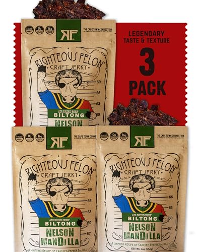 Righteous Felon Biltong Beef Jerky | South African Biltong Snack Packs for Adults | High Protein, Keto-Friendly, Low Sugar | Made with Premium Meats | Beef Jerky Gifts for Men | Nelson Mandilla 3 Pack