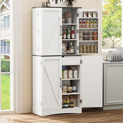 Eueiriup 72" Tall Kitchen Pantry, Freestanding Storage Cabinet Farmhouse Rustic Wood Cupboard with Barn Doors, Organizer, Drawer and Adjustable Shelves for Living Room, Dining Room Cover