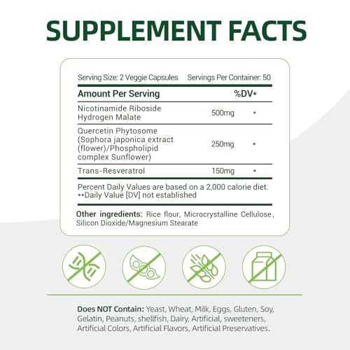 Image of NAD+ Supplement with, Nicotinamide Riboside & Resveratrol 900mg - Anti-Aging Support for Women & Men, NMN Alternative, Vegan Non-GMO - 100 Capsules