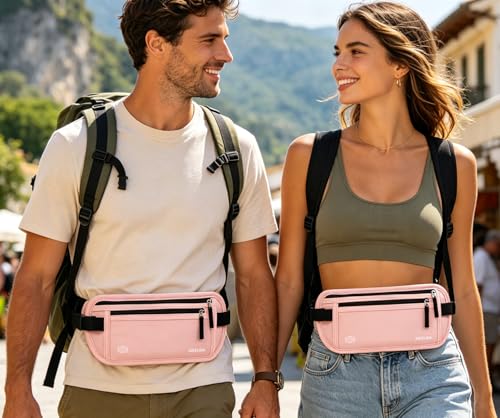 Image of Money Belt - Slim Passport Holder RFID Blocking Travel Wallet Undercover Fanny Packs for Men Women - Pink