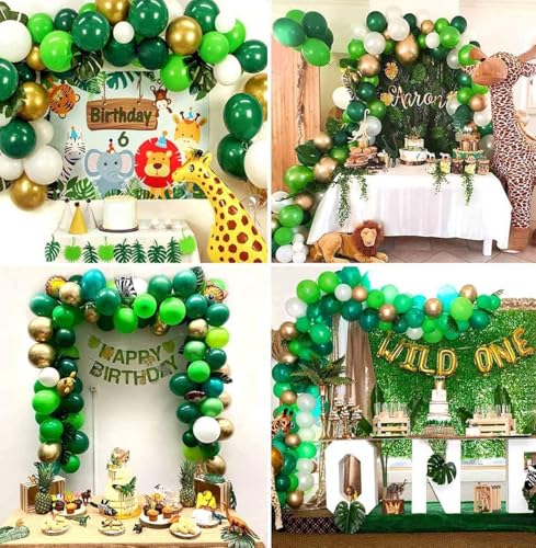 Image of Light Green Balloons Arch Kit,130Pcs Dark Green and Gold Balloons,Different Sizes White and Gold Latex Balloon for Jungle Forest Themed Birthday St. Patrick's Day Party Decorations