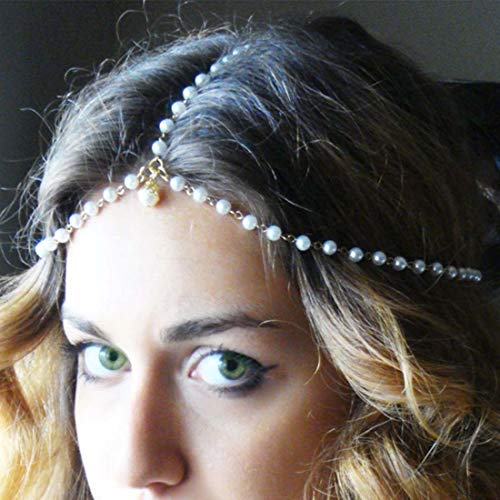 Fashband Pearl Festival Head Chain Boho Headpiece Gold Halloween Jewelry Prom Custume Accessories for Women and Girls (HC-004)