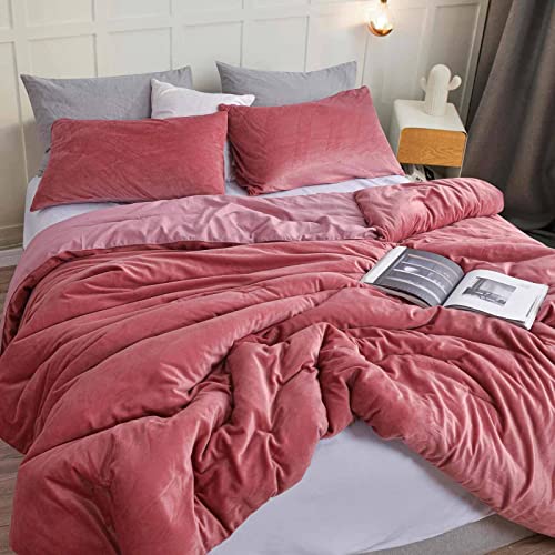 Nanko Velvet Queen Size Comforter Set, Mauve Red Flannel Micromink Ultra-Soft Luxury Down Alternative Winter Modern Bedding, All Season Duvet Bed Sets In A Bag For Women Girl, 88X90 Dark Pink Plush #TOP2