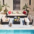 Devoko 7 Pieces Outdoor Sectional Sofa Patio Furniture Sets Manual Weaving Wicker Rattan Patio Conversation Sets with Cushion and Glass Table (Beige)