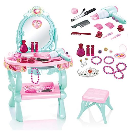 Girl Fantasy Vanity Beauty Dresser Table Playset, with Sounds, Chair, Drawer, Fashion & Makeup Accessories for Kid and Pretend Play Set