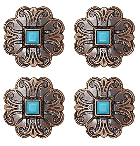 4 Conchos Selle Western Turquoise – Gravure Fleur – Tête De Chantournement Rond – Challenger