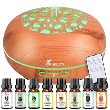 Diffuserlove Essential Oil Diffuser 550ML Diffuser Remote Control Wood Grain Aroma Diffuser Cool Mist Humidifier with 4 Timer, 7 Color LED Lights, Auto Shut-Off for Home Bedroom Office