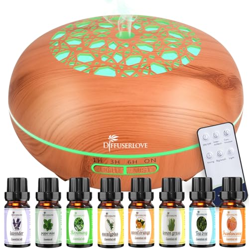 Diffuserlove Difusor humidificador óleos essenciais 550 ml controlo remoto difusor de grão de madeira humidificador de aromas névoa fria com luzes LED para casa quarto ioga escritório
