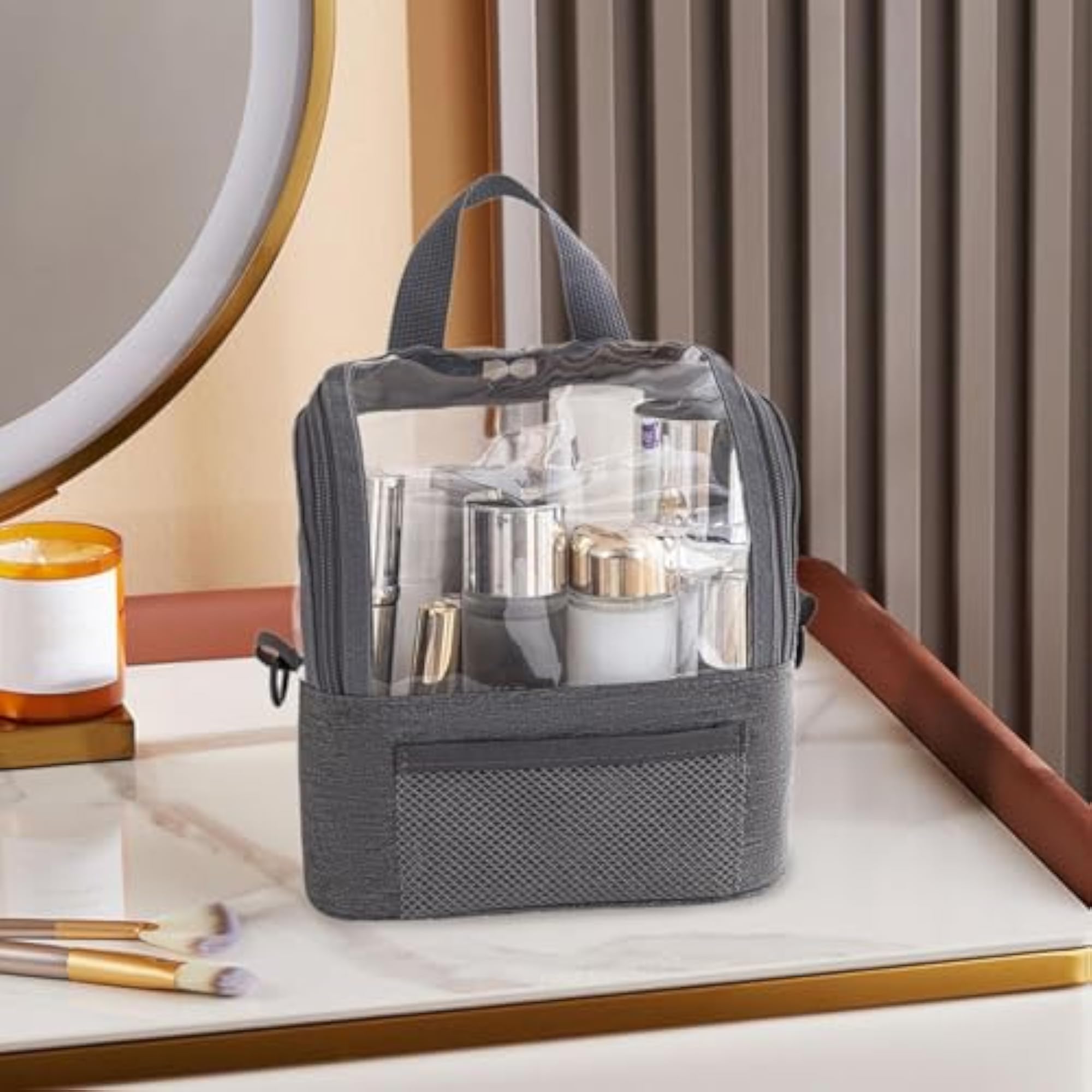 Women's Clear Travel Toiletries Makeup Wash Pouch, Gray