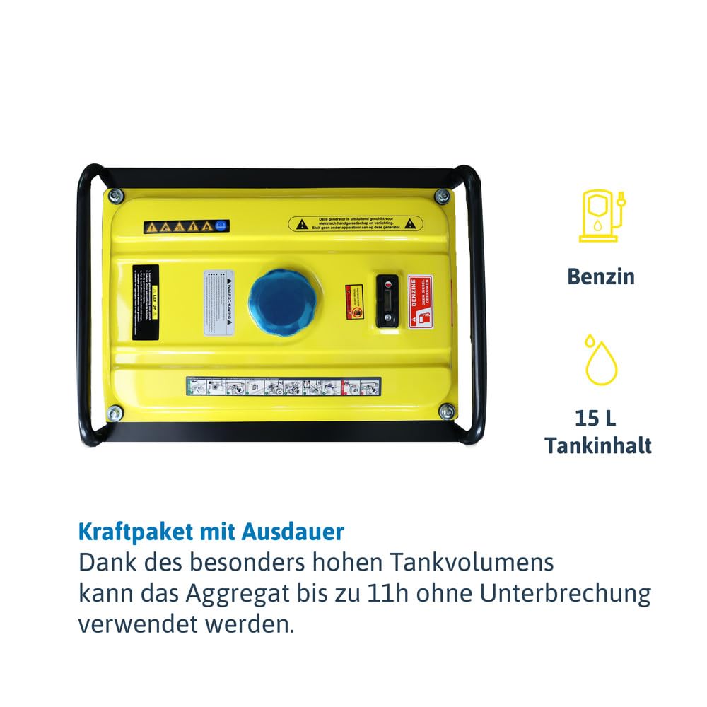 Dönges Stromerzeuger Benzin leise 2200 Watt, Notstromaggregat mit 2 x 230V Steckdosen, 11h Betriebszeit, Stromgenerator 15L Tank für Outdoor, Camping, Garten, Heimwerken zur mobilen Stromversorgung