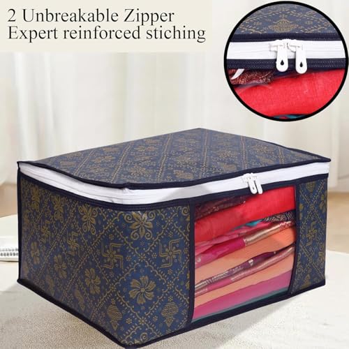 Image of LAXIS Saree Organiser for Wardrobe, Foldable Royal Print Saree Covers for Storage Set with Clear Window & Zipper, (Golden-Navy blue, Pack of 3)