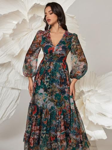 Image of TOLEEN Summer Casual Dresses for Women 2024 Spring Fashion Boho V Neck Long Sleeve Ruffle Floral Print Elegant Maxi Dress