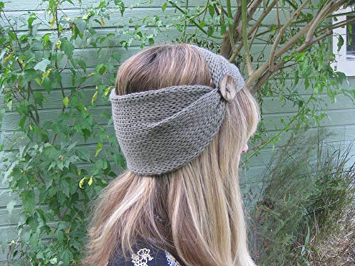 Olive Green Headband Ear Muffs Knit Wool with Button