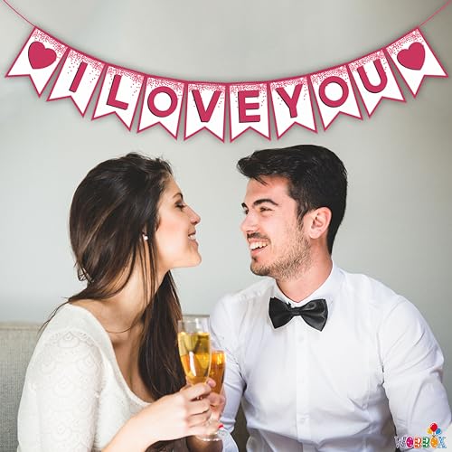 Image of Wobbox White & Pink Text inchI Love You inch Bunting Banner for Anniversary, Pre-Wedding & Wedding, Love Banner for Decoration