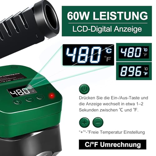 Soldador con batería de 18V y 60W con temperatura ajustable de 51 a 480 °C e interruptor 7