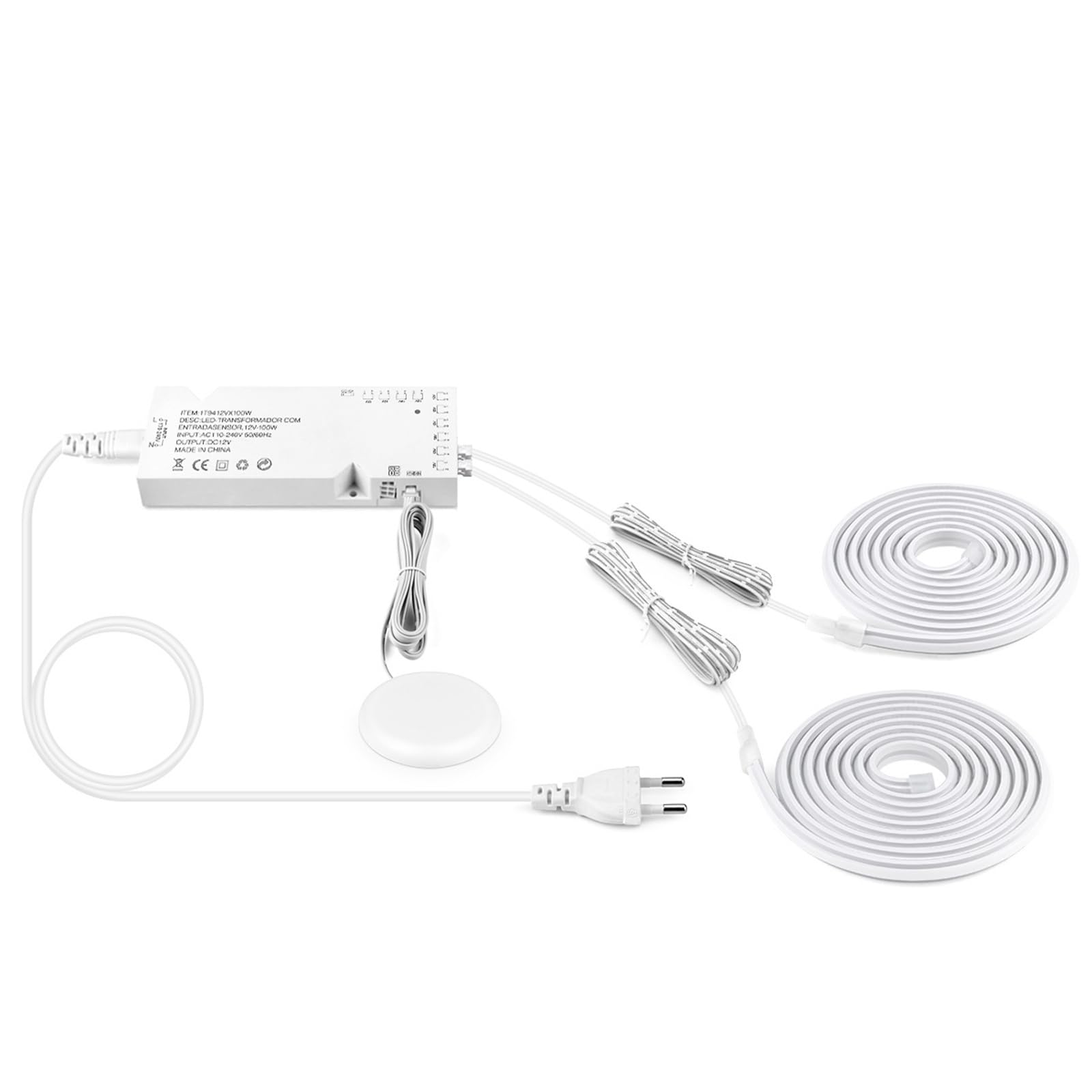 Tira de luz neón lineal incrustable, cinta LED autoadhesiva, pared TV for el hogar, rejilla madera grano, cortina , decoración techo integrada(White,2 PCS COB NEON TAPE_5M 16.4FT_EUROPEAN POWER PLUG)