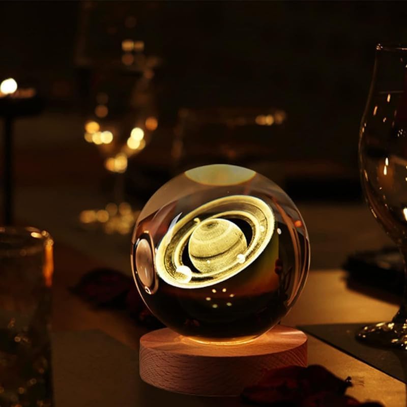 Image of SCILLA 3D Saturn Crystal Ball Night Lamp | 6 cm Glass Ball | Warm White LED | Bedroom & Gift Light |Aesthetic Gift Lamp (Saturn)