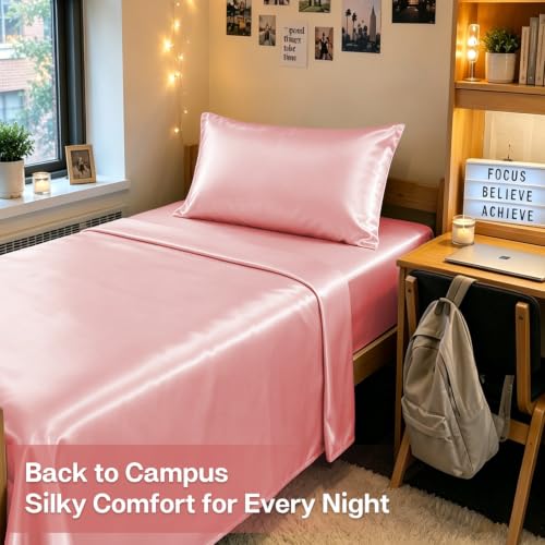 Image of MR&HM Satin Bed Sheets, Twin Size Sheets Set, 3 Pcs Silky Bedding Set with 15 Inches Deep Pocket for Mattress(Twin, Blush)