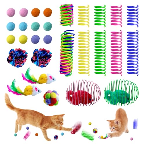 EchoFrog 27Pcs Cat Toys Variety Pack for Indoor Cats Interactive Spring Cage Mice & Small Mice Plush Balls Crinkle Balls Colorful Springs Cat Chew Chase Play Set for Boredom Relief & Self Play